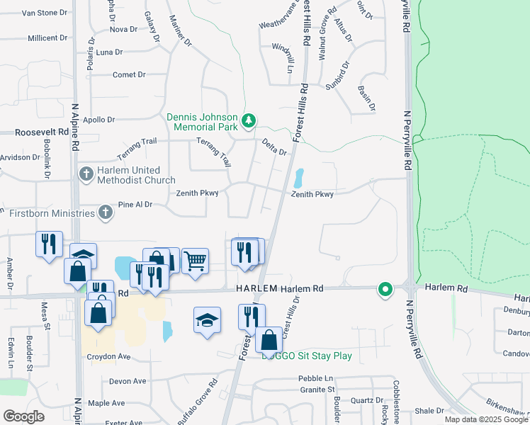 map of restaurants, bars, coffee shops, grocery stores, and more near 5171 Zenith Parkway in Loves Park