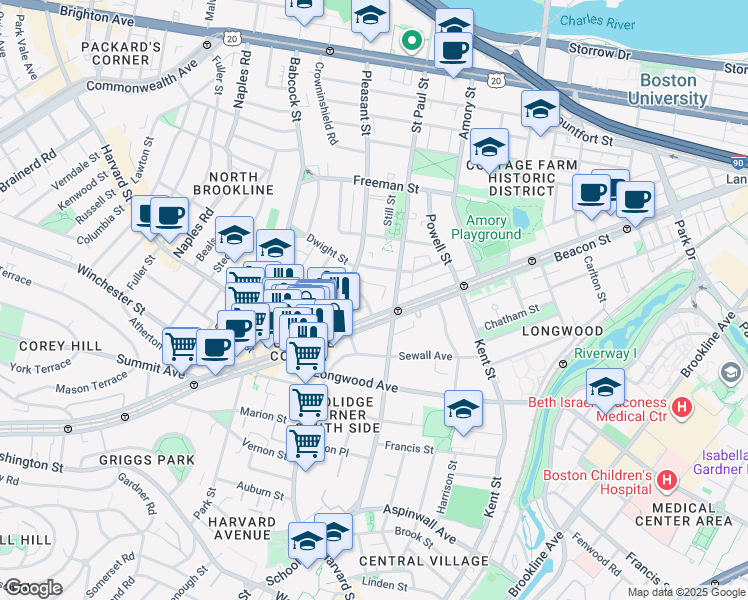 map of restaurants, bars, coffee shops, grocery stores, and more near 3 James Street in Brookline