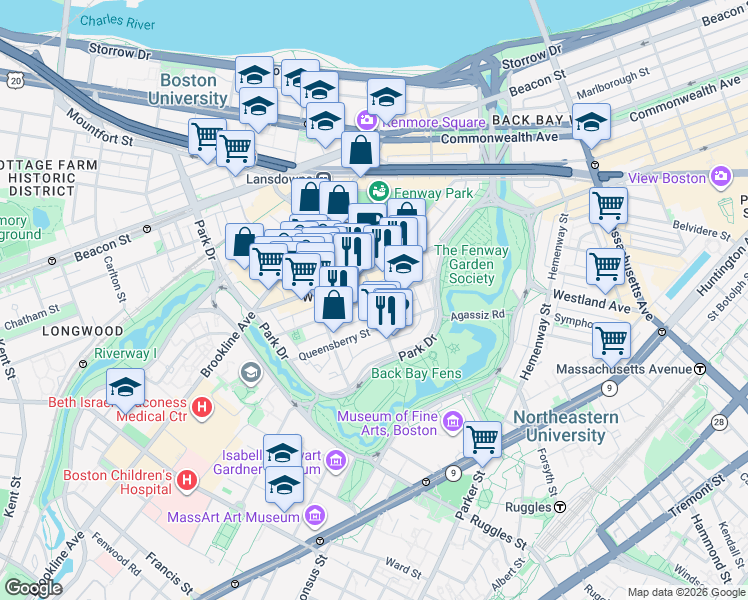 map of restaurants, bars, coffee shops, grocery stores, and more near Peterborough Street & Jersey Street in Boston