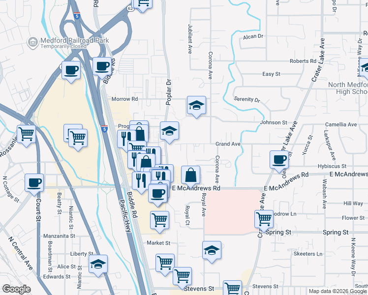 map of restaurants, bars, coffee shops, grocery stores, and more near 1285 Ruskin Drive in Medford