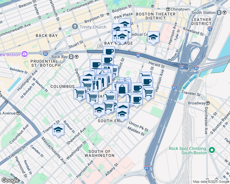 map of restaurants, bars, coffee shops, grocery stores, and more near 3 Hanson Street in Boston