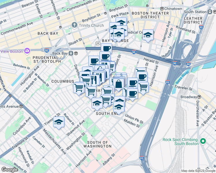 map of restaurants, bars, coffee shops, grocery stores, and more near 3 Hanson Street in Boston