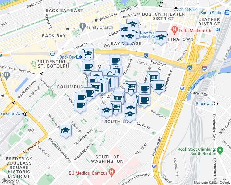 map of restaurants, bars, coffee shops, grocery stores, and more near in Boston