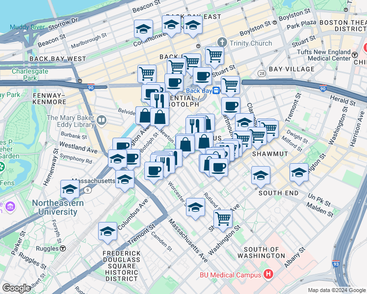 map of restaurants, bars, coffee shops, grocery stores, and more near 195 West Newton Street in Boston