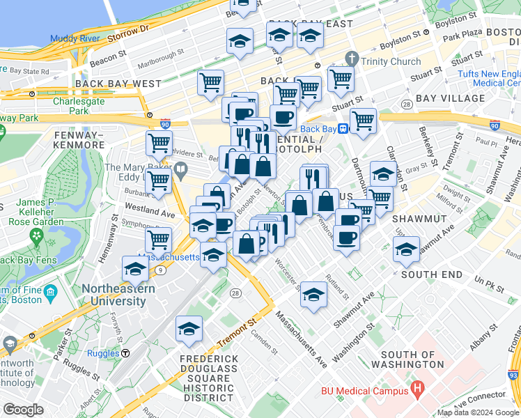 map of restaurants, bars, coffee shops, grocery stores, and more near 76 Claremont Street in Boston