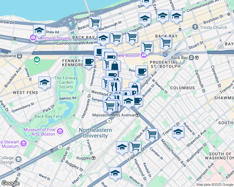 map of restaurants, bars, coffee shops, grocery stores, and more near in Boston