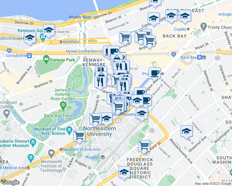 map of restaurants, bars, coffee shops, grocery stores, and more near 29 Symphony Road in Boston