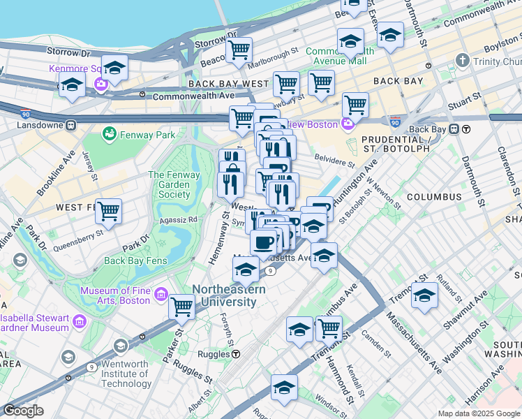map of restaurants, bars, coffee shops, grocery stores, and more near 29 Symphony Road in Boston