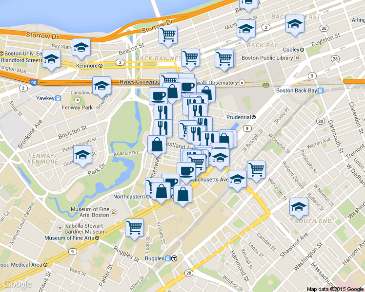 map of restaurants, bars, coffee shops, grocery stores, and more near 29 Symphony Road in Boston