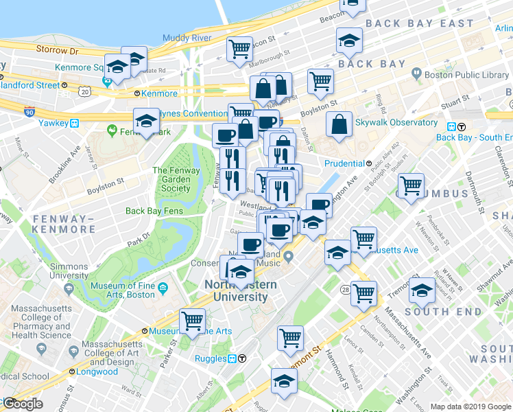 map of restaurants, bars, coffee shops, grocery stores, and more near 29 Symphony Road in Boston