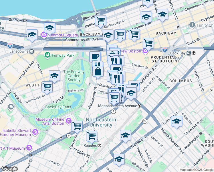 map of restaurants, bars, coffee shops, grocery stores, and more near 29 Symphony Road in Boston