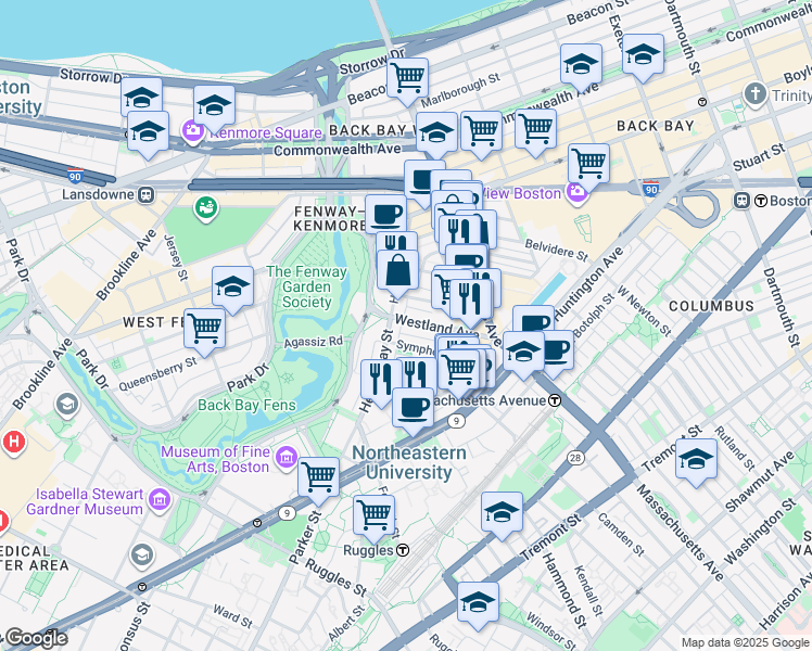 map of restaurants, bars, coffee shops, grocery stores, and more near in Boston