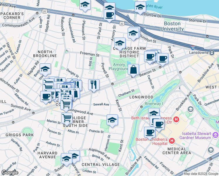 map of restaurants, bars, coffee shops, grocery stores, and more near 1187 Beacon Street in Brookline