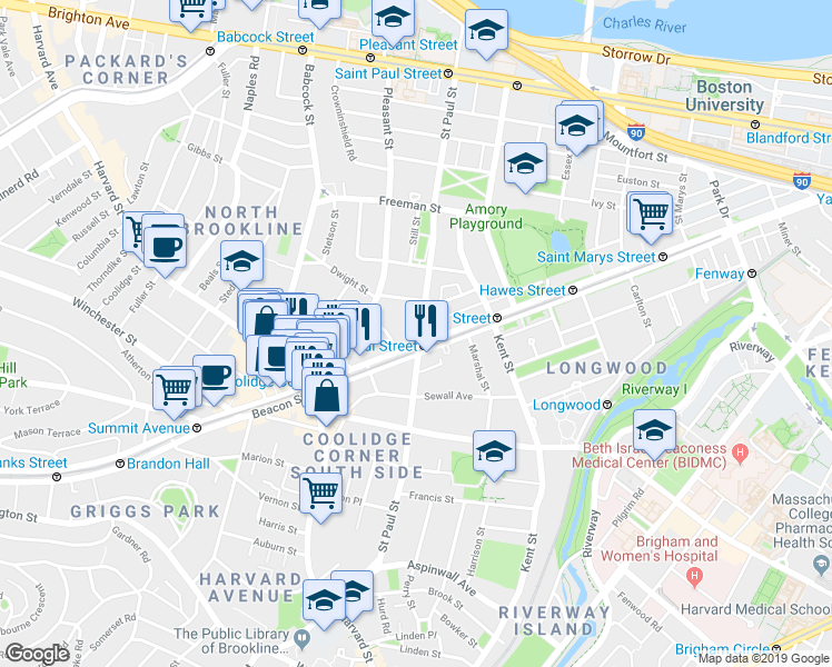 map of restaurants, bars, coffee shops, grocery stores, and more near 3 James Street in Brookline
