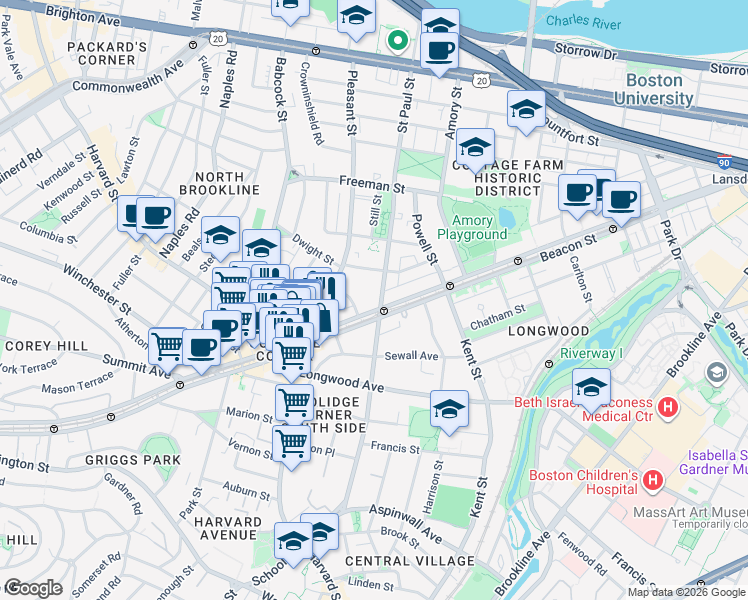 map of restaurants, bars, coffee shops, grocery stores, and more near 3 James Street in Brookline