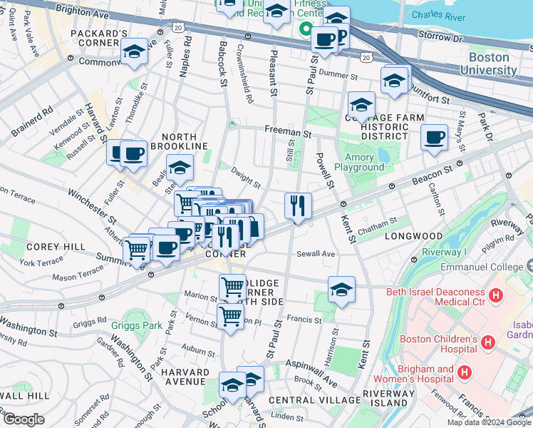 map of restaurants, bars, coffee shops, grocery stores, and more near 31 Pleasant Street in Brookline