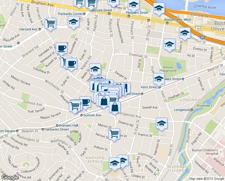 map of restaurants, bars, coffee shops, grocery stores, and more near 26 John Street in Brookline