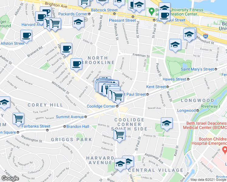 map of restaurants, bars, coffee shops, grocery stores, and more near 301 Harvard Street in Brookline