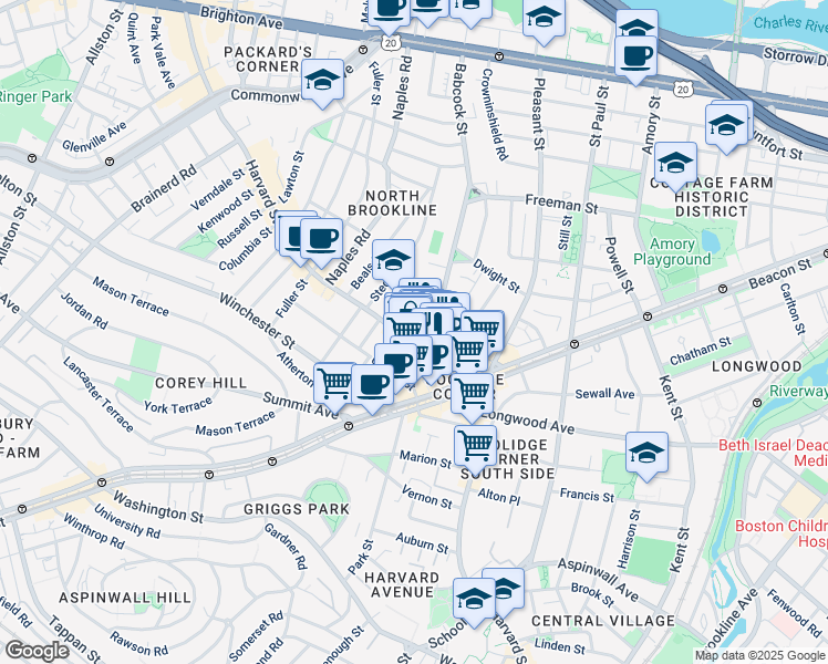 map of restaurants, bars, coffee shops, grocery stores, and more near 301 Harvard Street in Brookline