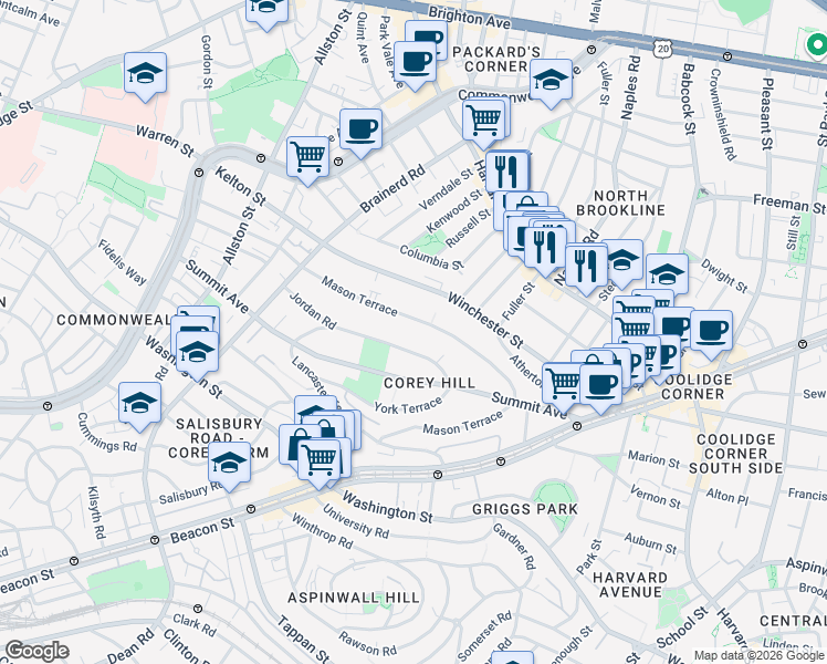 map of restaurants, bars, coffee shops, grocery stores, and more near 224 Mason Terrace in Brookline