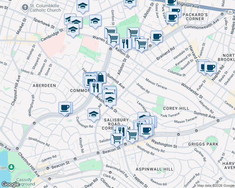 map of restaurants, bars, coffee shops, grocery stores, and more near 195 Corey Road in Boston