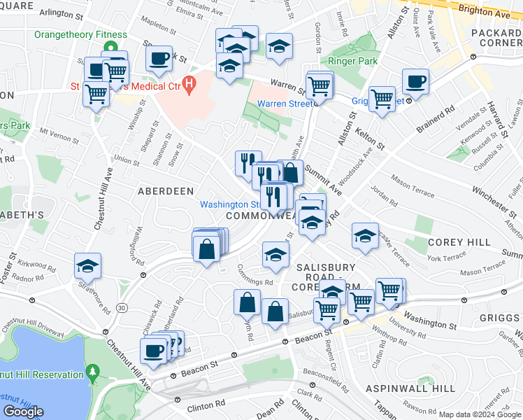 map of restaurants, bars, coffee shops, grocery stores, and more near 1619 Commonwealth Avenue in Boston