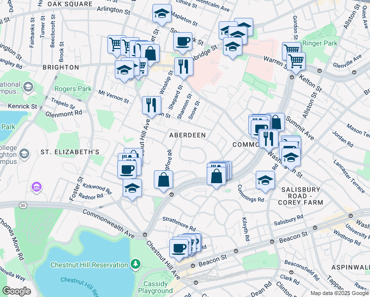 map of restaurants, bars, coffee shops, grocery stores, and more near 100 Nottinghill Road in Boston