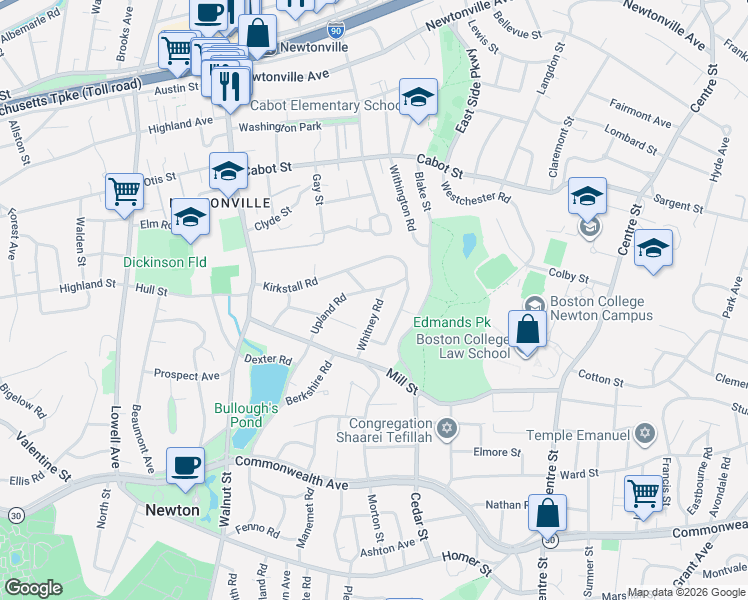 map of restaurants, bars, coffee shops, grocery stores, and more near 21 Whitney Road in Newton