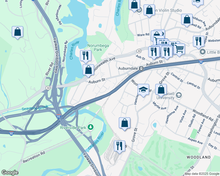 map of restaurants, bars, coffee shops, grocery stores, and more near 43 Johnson Place in Newton