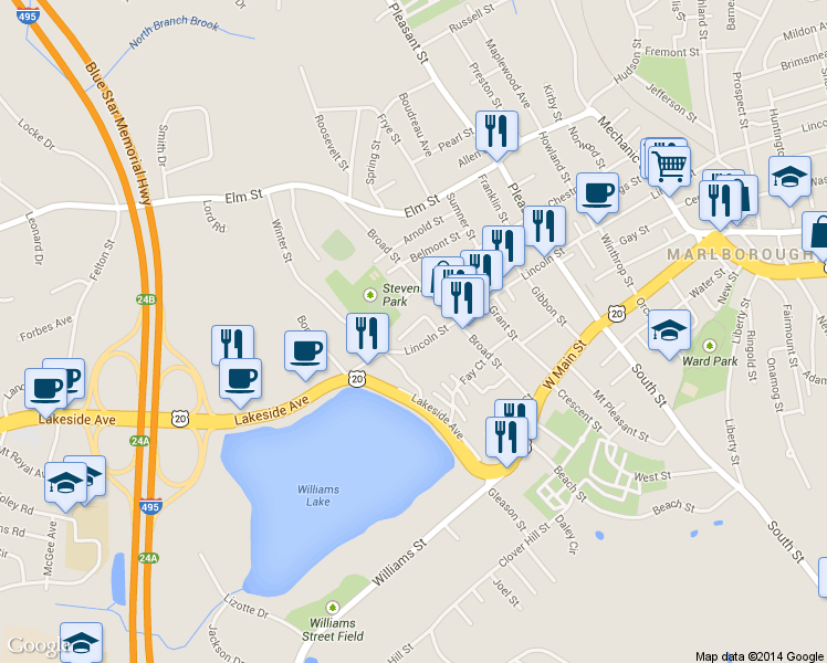 map of restaurants, bars, coffee shops, grocery stores, and more near 701 Boston Post Road East in Marlborough