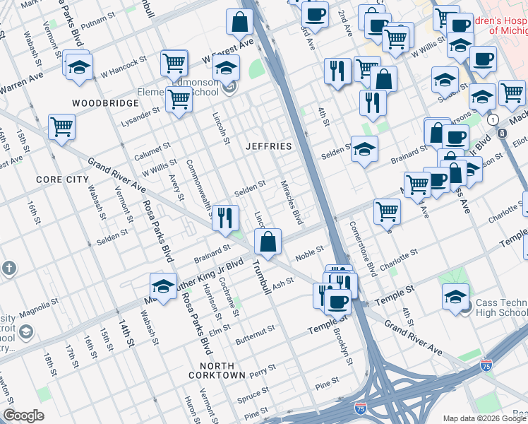 map of restaurants, bars, coffee shops, grocery stores, and more near 1352 Brainard Street in Detroit