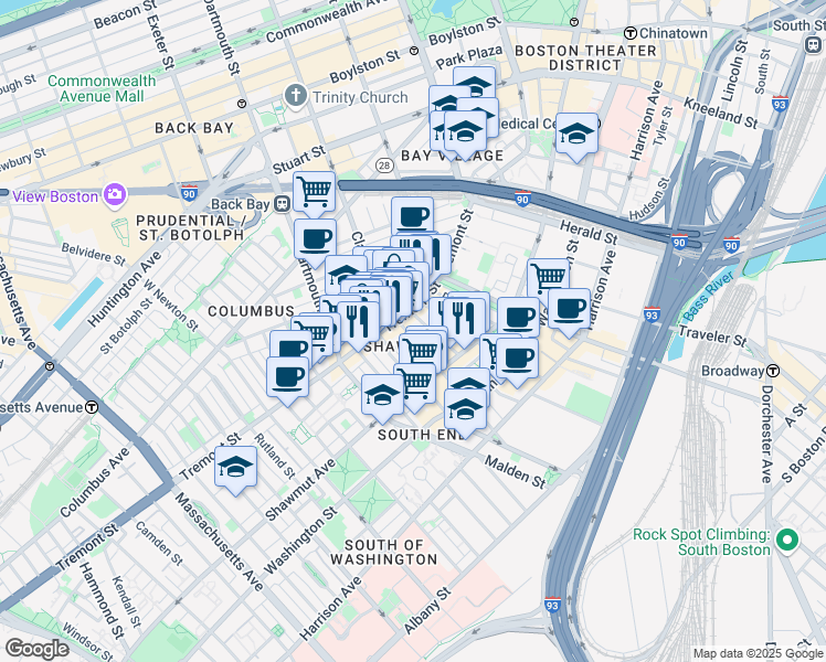 map of restaurants, bars, coffee shops, grocery stores, and more near 95 Waltham Street in Boston