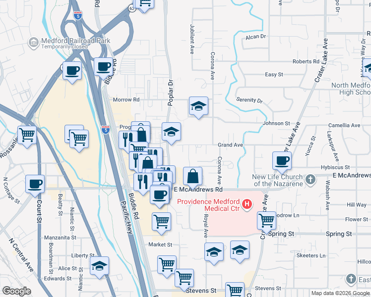 map of restaurants, bars, coffee shops, grocery stores, and more near 1285 Ruskin Drive in Medford