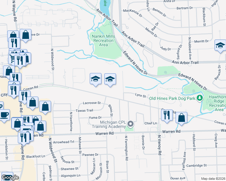 map of restaurants, bars, coffee shops, grocery stores, and more near 33300 Cowan Road in Westland
