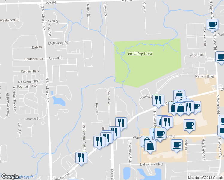 map of restaurants, bars, coffee shops, grocery stores, and more near 7708 Manor Circle in Westland