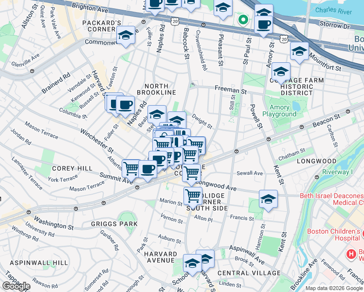 map of restaurants, bars, coffee shops, grocery stores, and more near 301 Harvard Street in Brookline