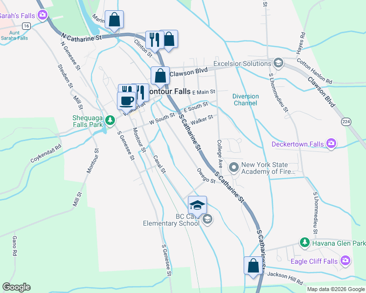 map of restaurants, bars, coffee shops, grocery stores, and more near 244 Owego St in Montour Falls