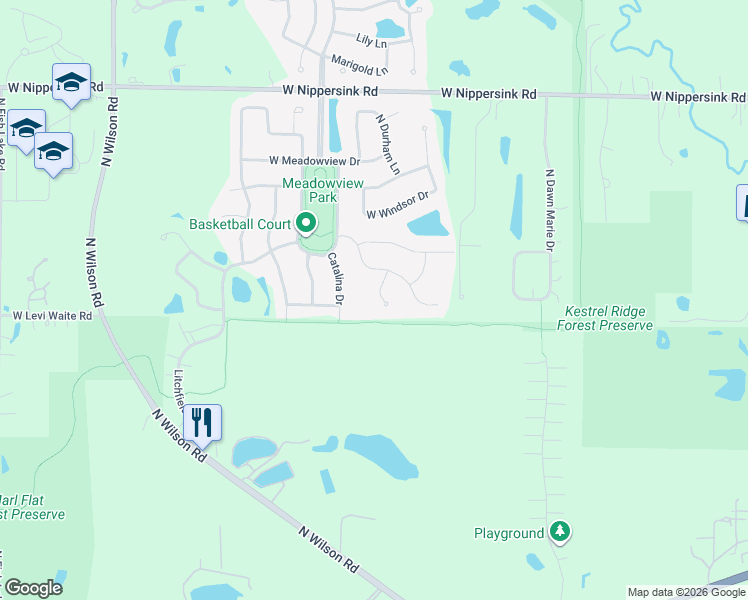 map of restaurants, bars, coffee shops, grocery stores, and more near 260 Westminister Court in Round Lake