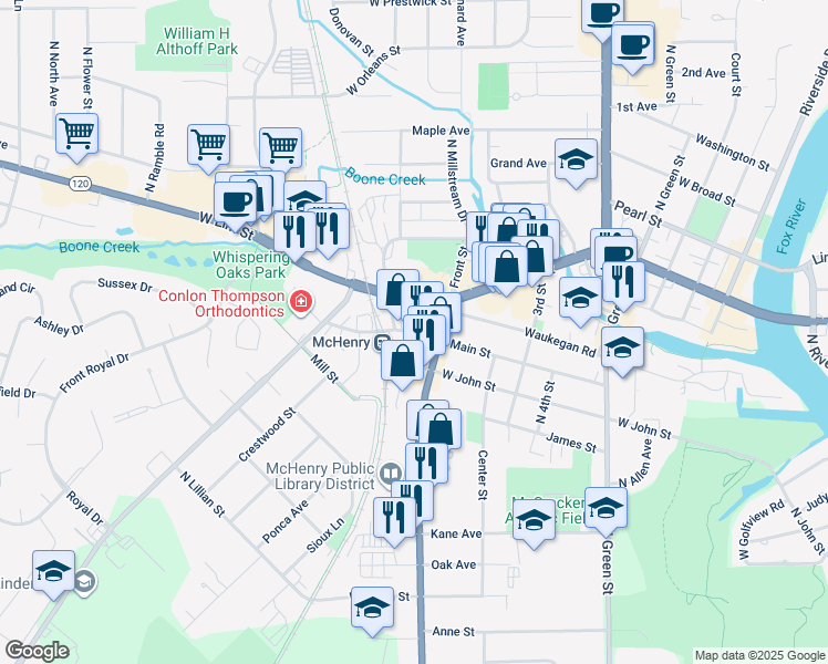 map of restaurants, bars, coffee shops, grocery stores, and more near 3931 Main Street in McHenry
