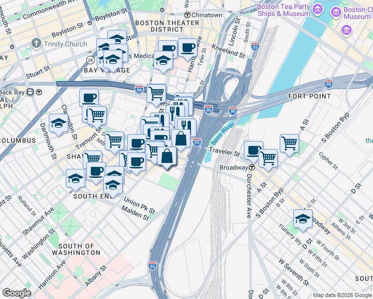 map of restaurants, bars, coffee shops, grocery stores, and more near 55 Traveler Street in Boston