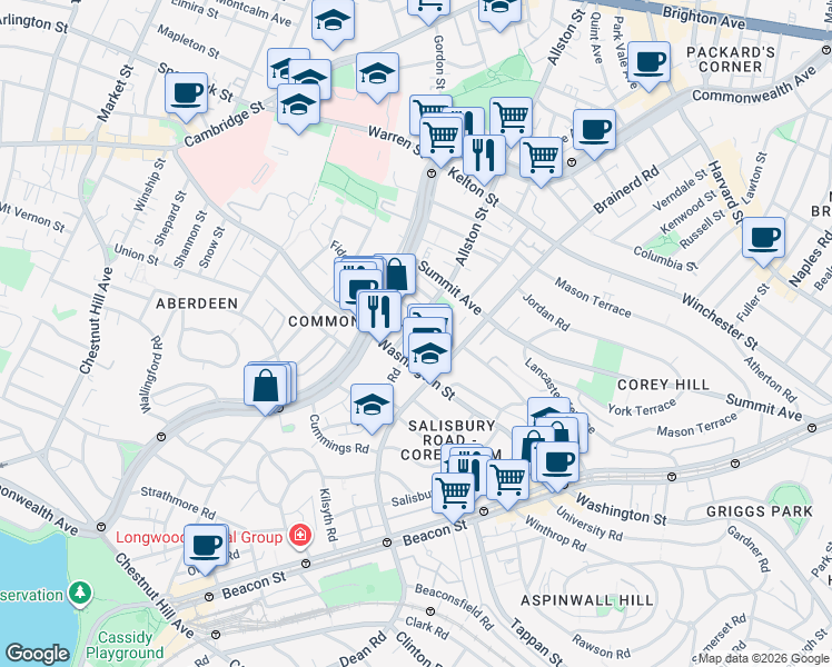 map of restaurants, bars, coffee shops, grocery stores, and more near 170 Corey Road in Boston