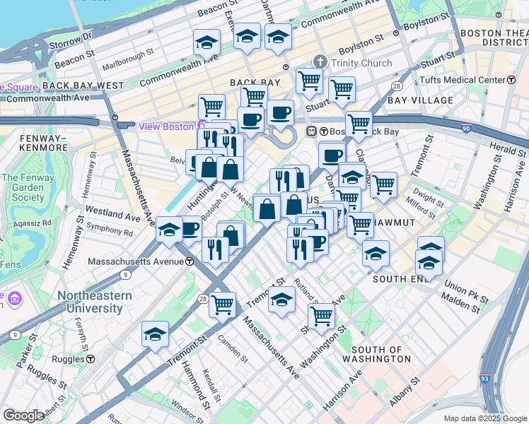 map of restaurants, bars, coffee shops, grocery stores, and more near 195 West Newton Street in Boston
