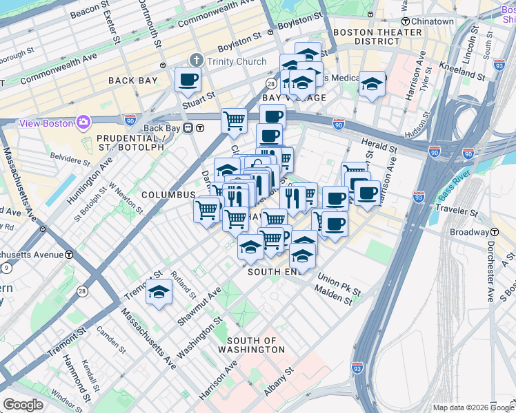 map of restaurants, bars, coffee shops, grocery stores, and more near in Boston