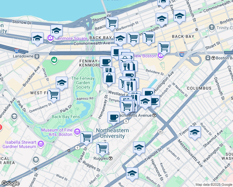 map of restaurants, bars, coffee shops, grocery stores, and more near 29 Symphony Road in Boston