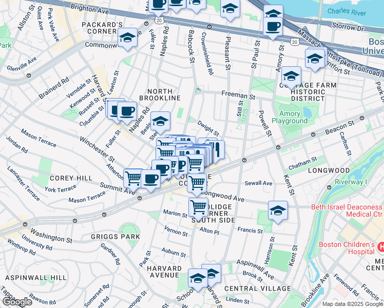 map of restaurants, bars, coffee shops, grocery stores, and more near 26 John Street in Brookline