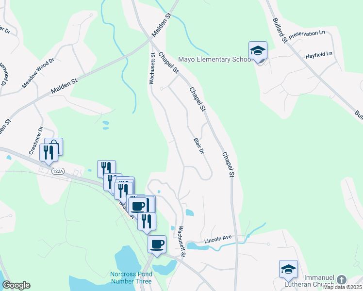 map of restaurants, bars, coffee shops, grocery stores, and more near 182 Wachusett Street in Holden