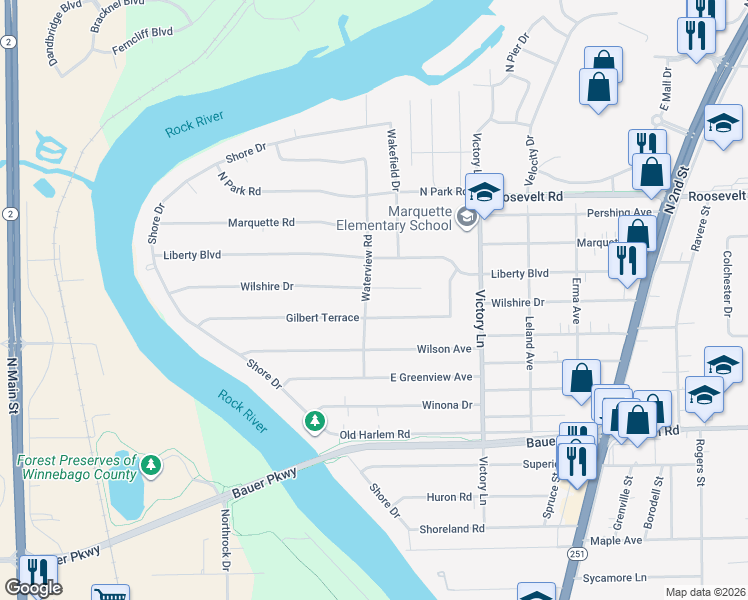 map of restaurants, bars, coffee shops, grocery stores, and more near 206 Gilbert Terrace in Machesney Park