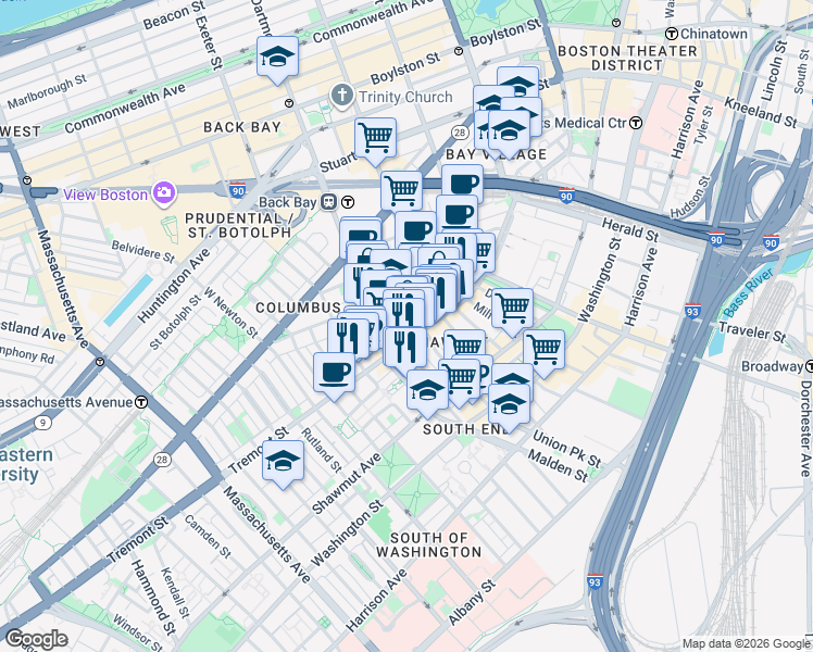 map of restaurants, bars, coffee shops, grocery stores, and more near 585 Tremont Street in Boston