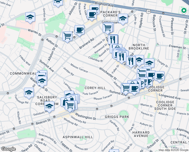 map of restaurants, bars, coffee shops, grocery stores, and more near 224 Mason Terrace in Brookline