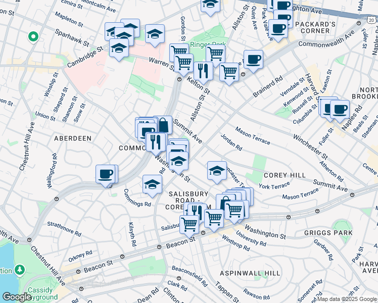 map of restaurants, bars, coffee shops, grocery stores, and more near 180 Corey Road in Boston
